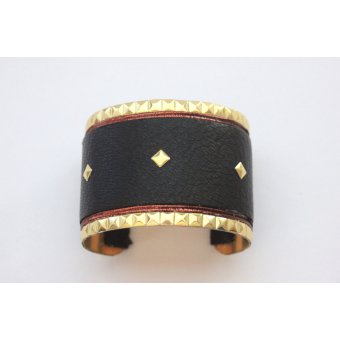 Bracelet manchette cuir noir et clous dorés