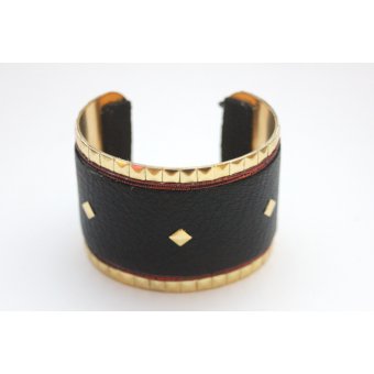 Bracelet manchette cuir noir et clous dorés