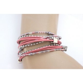 Bracelet wrap multi-rangs cuir rose