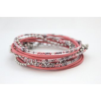 Bracelet multi-rangs cuir rose et acier