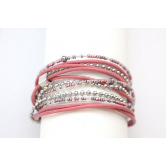 Bracelet Wrap boho multi-rangs cuir rose et acier