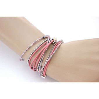 Bracelet Wrap boho multi-rangs cuir rose et acier