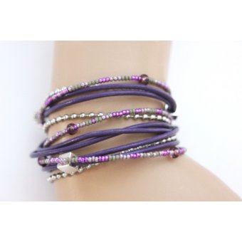 Bracelet wrap multi-rangs en cuir violet et acier