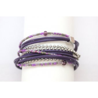 Bracelet cuir violet et perles 