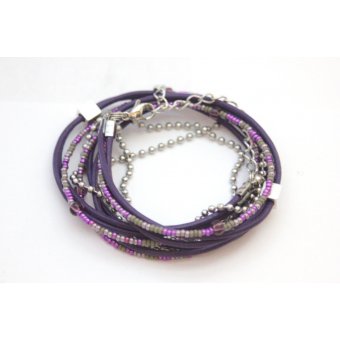 Bracelet Wrap boho multi-rangs cuir violet & acier