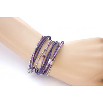 Bracelet Wrap boho multi-rangs cuir violet & acier