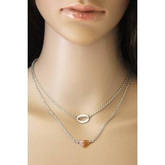 Collier acier et perle triangle rose et ambre