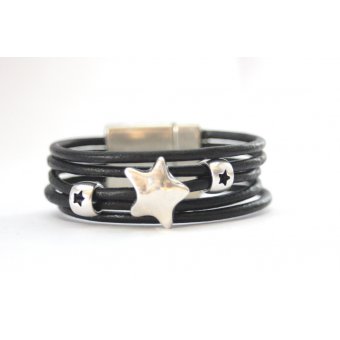 Bracelet manchette en cuir noir étoile argent