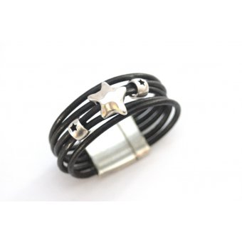 Bracelet manchette en cuir noir étoile argent