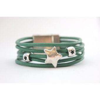 Bracelet manchette en cuir vert kaki Ã©toile argent