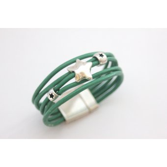 Bracelet manchette en cuir vert kaki étoile argent