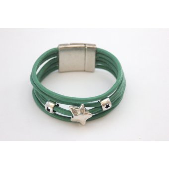 Bracelet manchette en cuir vert kaki étoile argent