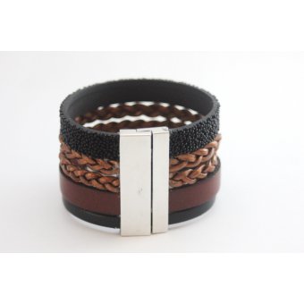 Bracelet manchette cuir noir et marron étoile