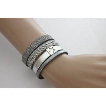 Bracelet manchette cuir argent, cuir caviar étoile