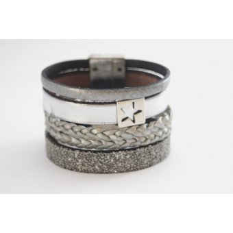 Bracelet manchette cuir argent, cuir caviar étoile