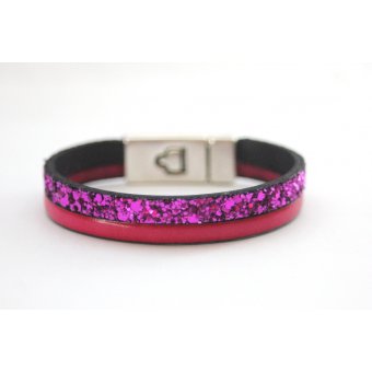 Bracelet en cuir et paillettes rose fuchsia