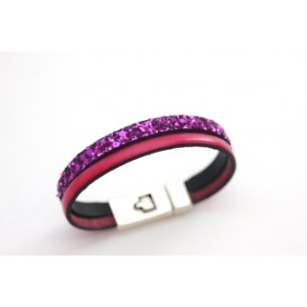 Bracelet en cuir et paillettes rose fuchsia