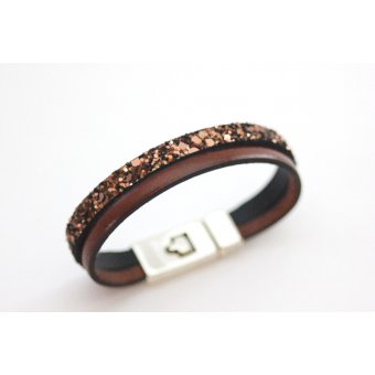 Bracelet en cuir et paillettes marron chocolat