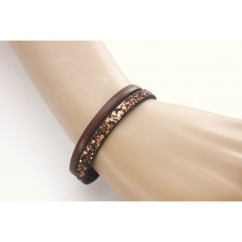 Bracelet cuir marron et paillettes fermoir mÃ©tal