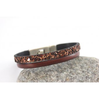 Bracelet en cuir et paillettes marron chocolat