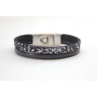 Bracelet cuir gris anthracite et paillettes 