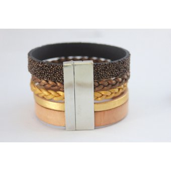 Bracelet manchette cuir marron et doré