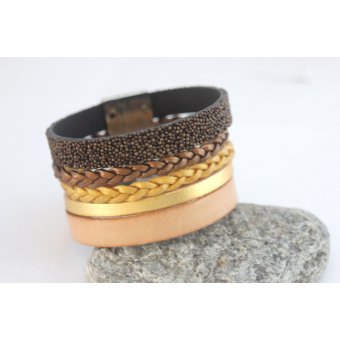 Bracelet manchette cuir marron et doré