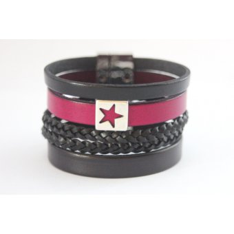 Bracelet manchette cuir noir et prune étoile