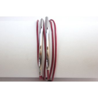 bracelet wrap en cuir rose et perle tube acier