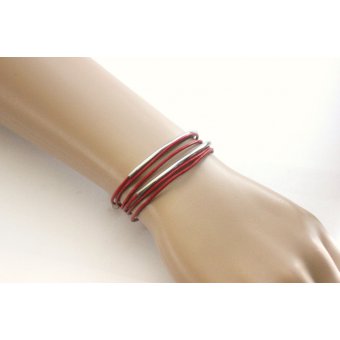 Bracelet cuir rouge et perles tube acier 