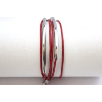 Bracelet cuir rouge et perles tube acier 