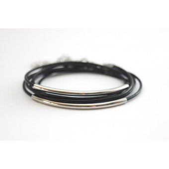 Bracelet cuir noir et perles tube acier 