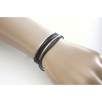 Bracelet cuir noir et perles tube acier 