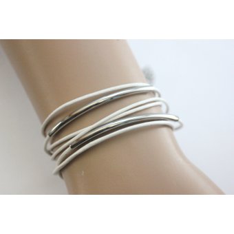 Bracelet cuir blanc et perles tube acier 