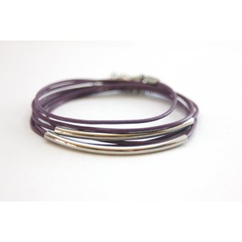 Bracelet cuir violet et perles tube acier 