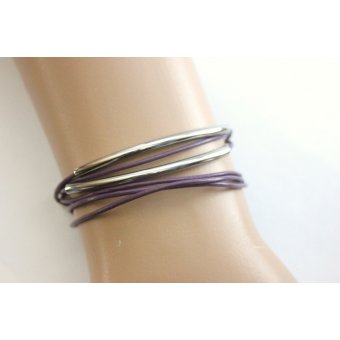 Bracelet wrap en cuir violet et acier inoxydable