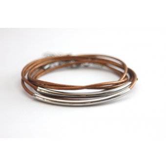 Bracelet cuir bronze et perles tube acier 