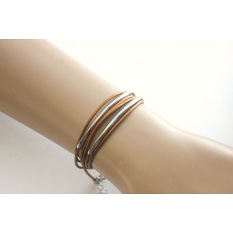 bracelet wrap en cuir bronze et acier inoxydable