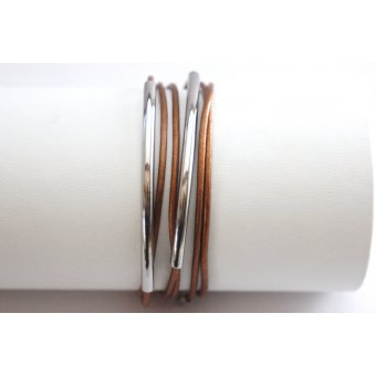 Bracelet cuir bronze et perles tube acier 