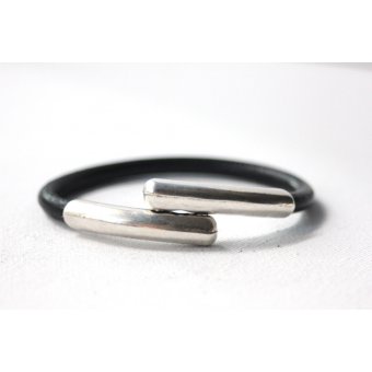 Bracelet cuir noir fermoir Toi et Moi argent