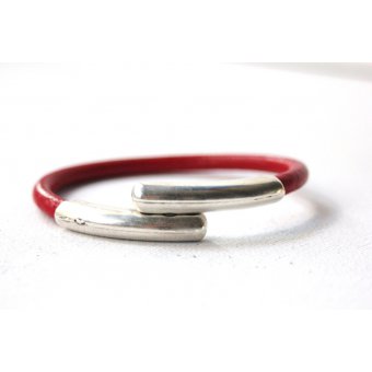 Bracelet cuir rouge fermoir Toi et Moi argent