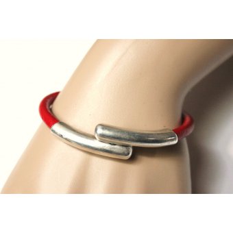 Bracelet cuir rouge fermoir Toi et Moi argent