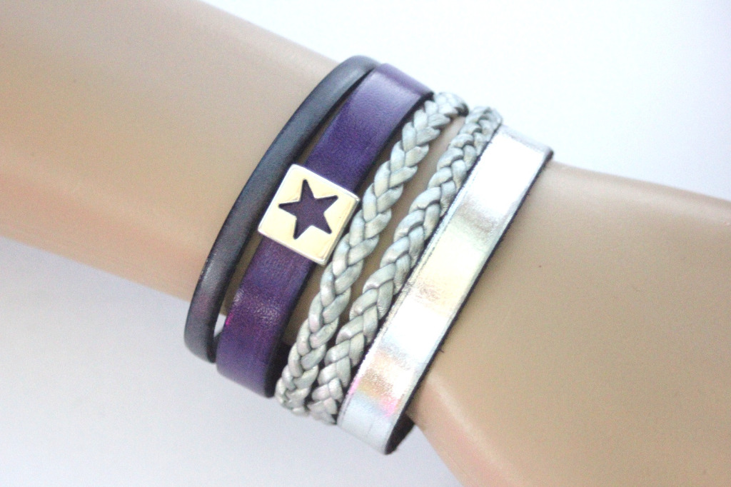 Bracelet manchette cuir argent et violet étoile