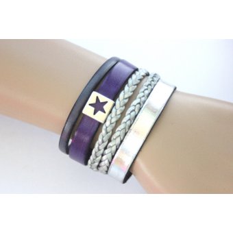 Bracelet manchette cuir argent et violet Ã©toile