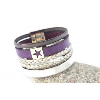Bracelet manchette cuir argent et violet étoile