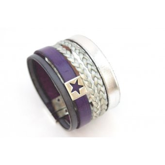 Bracelet manchette cuir argent et violet étoile