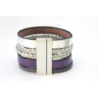 Bracelet manchette cuir argent et violet étoile