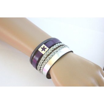 Bracelet manchette cuir argent et violet étoile