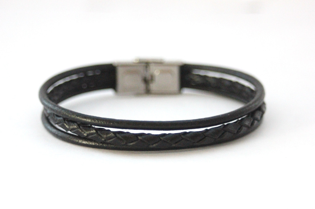 Bracelet cuir et cuir tressé noir fermoir acier