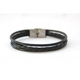 Bracelet cuir et cuir tressÃ© noir fermoir acier